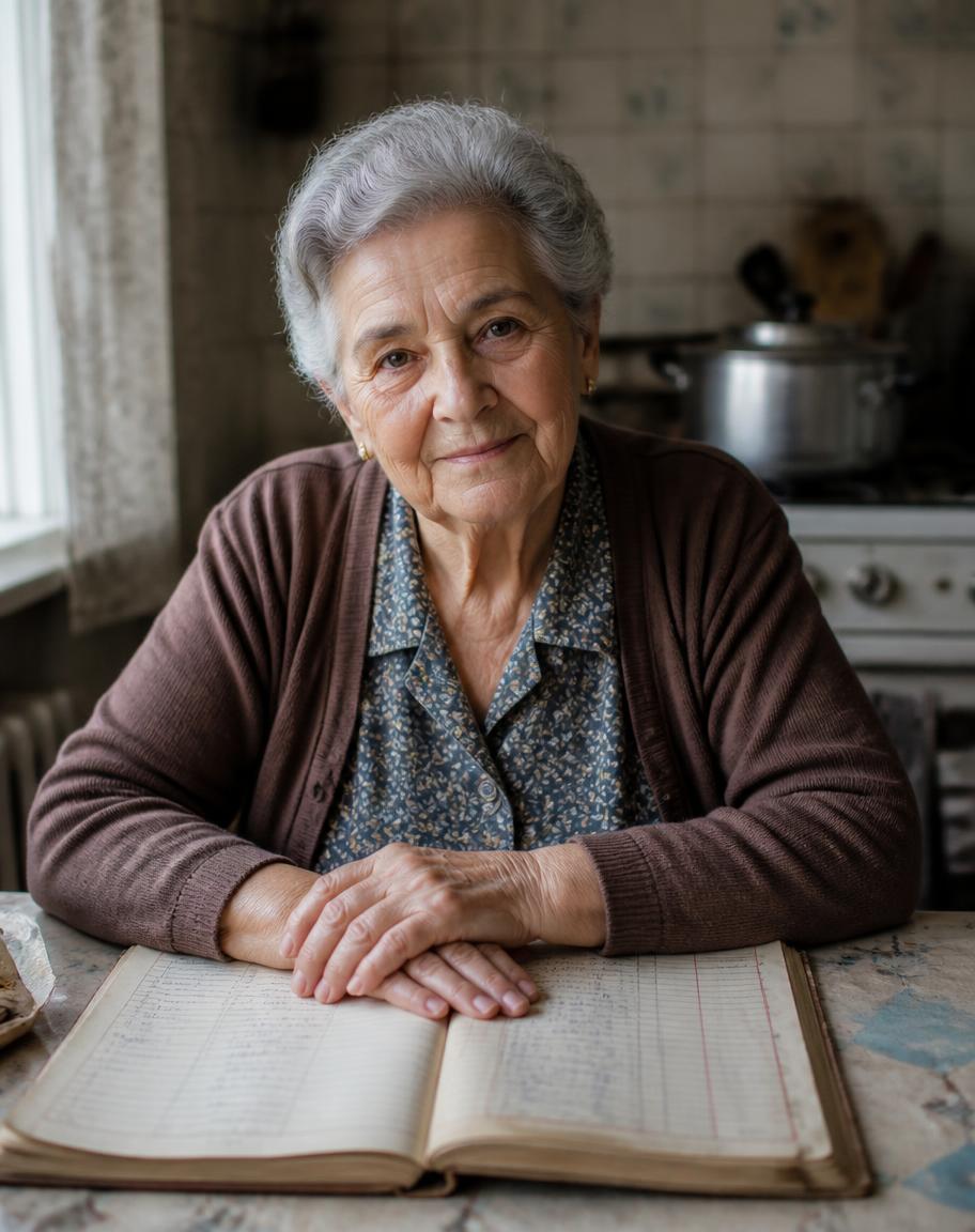 Nonna Mena at her kitchen table with her mother’s account book